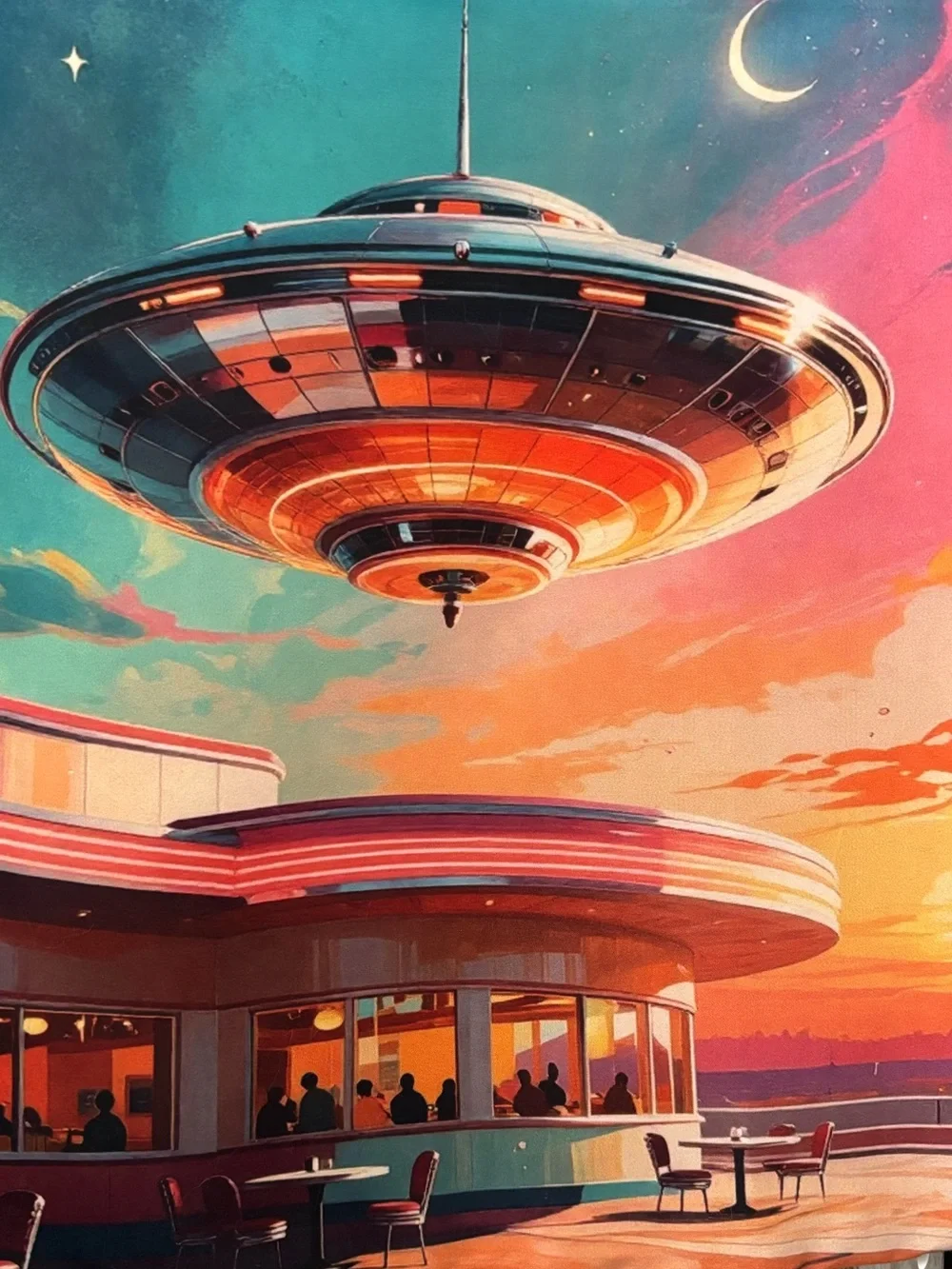 NEW Googie Neon “Twilight Diner” Retro UFO Dopamine Decor Throw Pillow 18”Wx17L